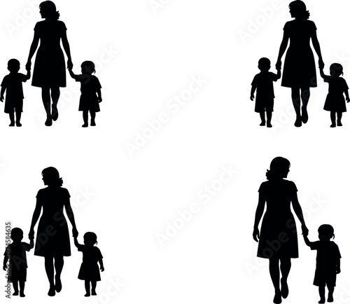 Silhouette of a Mother Walking and Holding Hands with Her Two Young Children in Four Different Variations for Family Concepts
