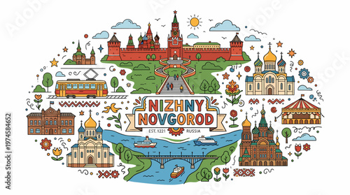 Nizhny Novgorod Cityscape Collage - Landmarks and Transport