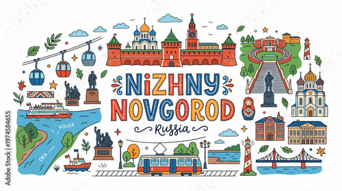 Nizhny Novgorod Landmarks, Russia - Cartoon Style Illustration