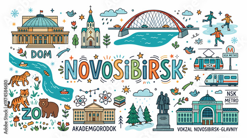 Novosibirsk City Landmarks and Attractions Doodle Art