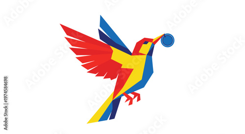 A vibrant geometric bird, crafted from red, yellow, and blue polygons, ascends gracefully while clutching a small blue coin in its beak on a pristine white background.