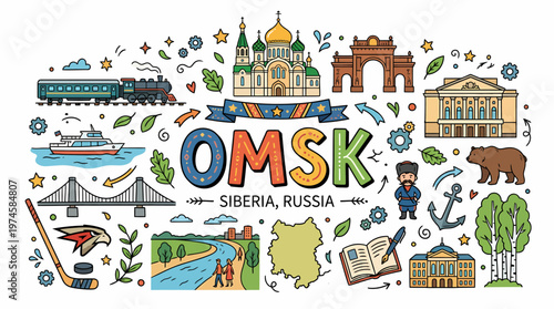 Omsk, Siberia, Russia - City Landmarks Doodle Art