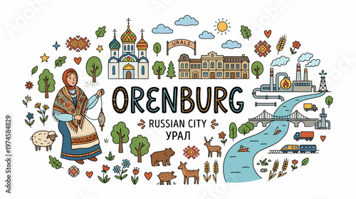 Orenburg Russia City Doodle Art - Culture, Landmarks, Nature