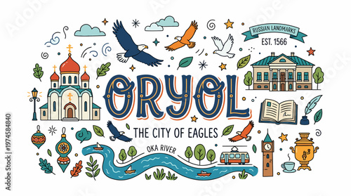 Oryol City of Eagles: Landmarks, River, Nature, Doodle Art