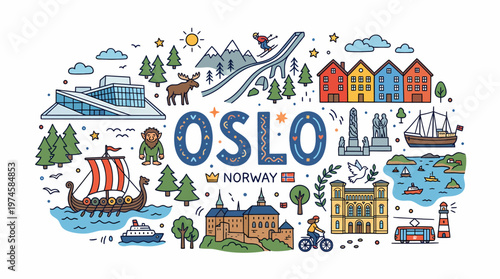 Oslo Norway Cityscape Doodle Art Travel Illustration