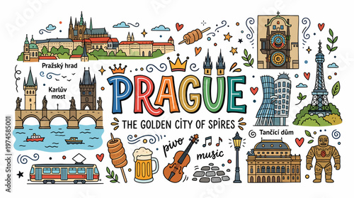 Prague Icons: Famous Landmarks, Culture, and Cityscape Illustration