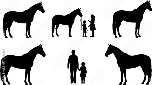 Silhouettes of Horses and People Set Including Children Interacting with Equines and Family Standing Together for Equestrian Concept Vector Art