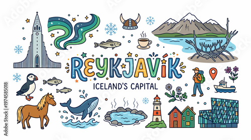 Reykjavik Iceland Capital City Travel Icons Doodle Art