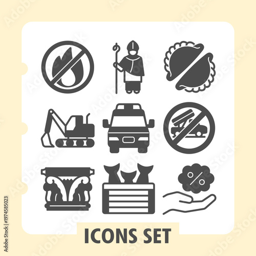Set of nine gray glyph icons representing from safety and construction to food, religion, transport and commerce concepts on white background. Ideal for web, digital projects and print media.