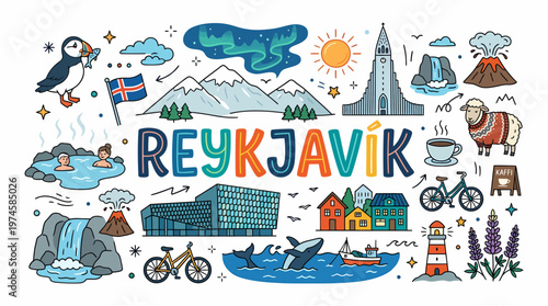 Reykjavik Iceland Landmarks and Symbols Doodle Art