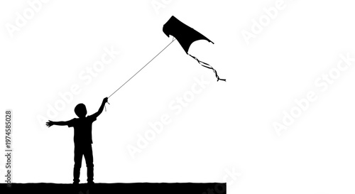 Silhouette of a child flying a kite on a white background