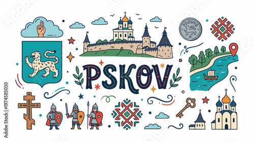 Pskov Cityscape Illustration - Kremlin, River, Symbols
