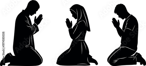 Silhouette of diverse people kneeling in prayer and meditation representing faith spirituality hope and religious devotion in a minimalist style