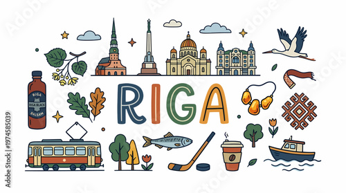 Riga Cityscape Doodle Art - Landmarks, Symbols, Travel Vector