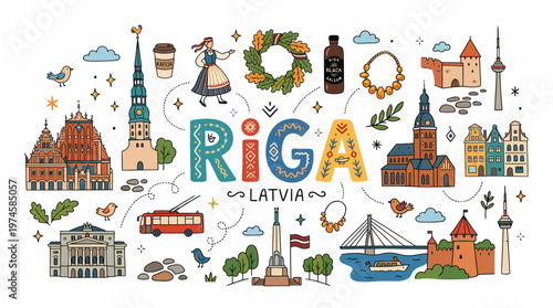 RIGA LATVIA Cityscape Cute Illustration Travel Landmarks Icons