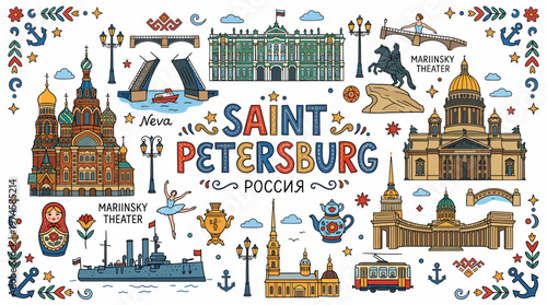 Saint Petersburg Russia Landmarks Doodle Art