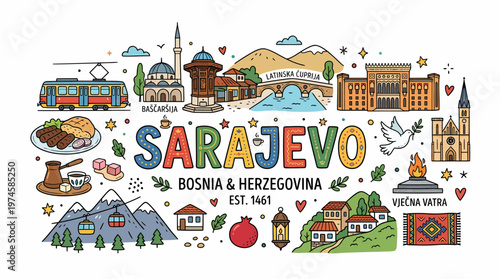 Sarajevo Bosnia Herzegovina Cityscape Doodle Art - Travel Landmark