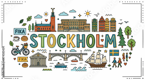 Stockholm Cityscape Doodle Art: Landmarks, Fika, and Swedish Culture