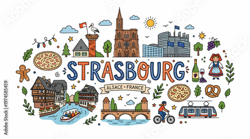 Strasbourg France Travel Doodle Art - Landmarks, Food, Culture