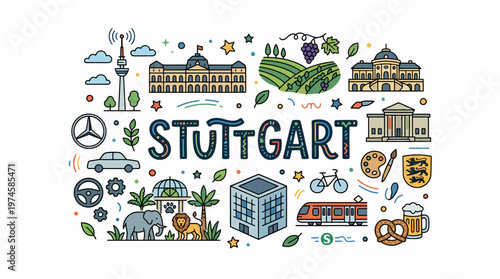 Stuttgart Cityscape Icons - Travel and Culture Doodle Illustration