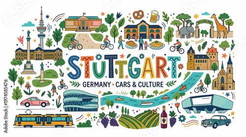 Stuttgart Germany Cars Culture Travel Cityscape Illustration
