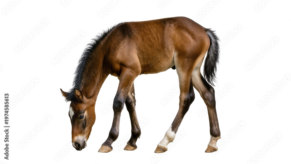 Obraz premium Brown foal with dark mane grazing, isolated on transparent background