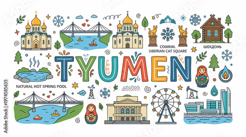 Tyumen City Landmarks and Symbols Vector Illustration