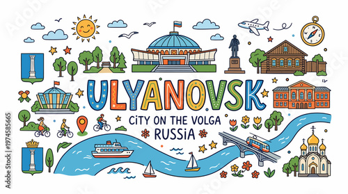 Ulyanovsk City on Volga Russia Landmarks Doodle Illustration