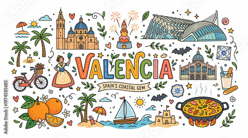 Valencia Spain Coastal Gem Doodle Art - Travel Icons & Landmarks