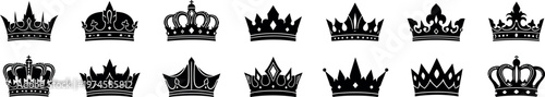 Collection of black and white crown illustrations in a grid arrangement