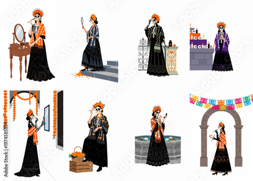 Quadro em tela Set of illustrations depicting La Calavera Catrina in traditional attire engaged in various Day of the Dead activities, celebrations, and makeup preparations