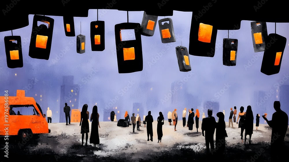 Obraz premium crowd gathers under suspended glowing rectangles in city