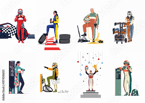 Collection of flat vector illustrations depicting professional racing drivers, pit crew members, and various scenes from a motor racing event.