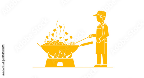 Man cooking on large wok.