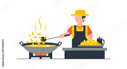 Man cooking in large wok.
