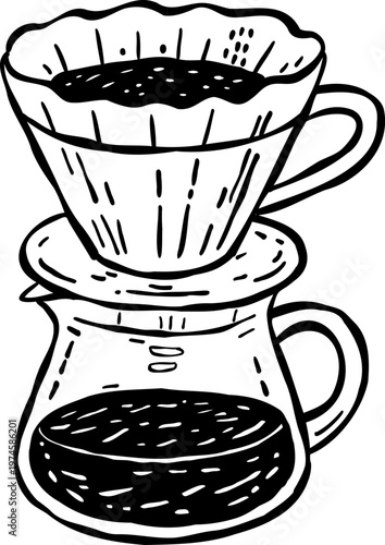 Hand-drawn doodle of a pour-over coffee maker with a transparent carafe and a top cup with handle and wavy edge. Coffee filter inserted, showcasing the brewing process.