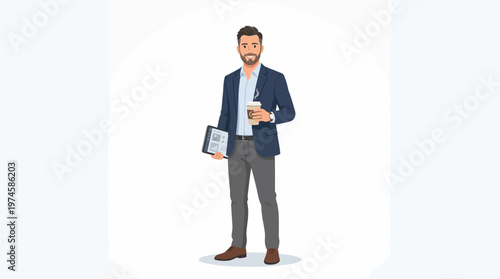 Businessman holding briefcase and coffee.
