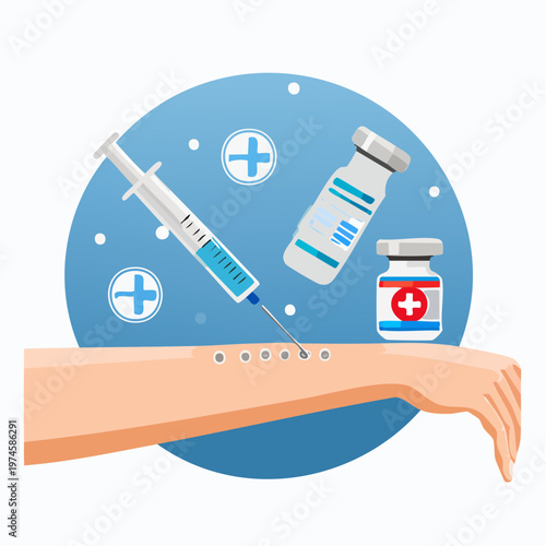 Close-up of arm receiving vaccine injection with syringe and vials, public healt