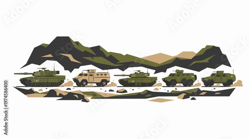 Minimalist flat vector illustration of an armored military convoy