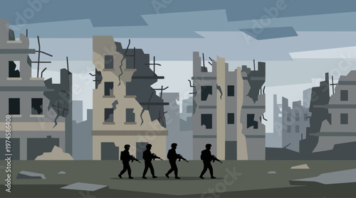 Flat vector illustration of a war-torn city and military patrol