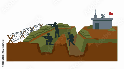 Flat vector illustration of a military trench fortification