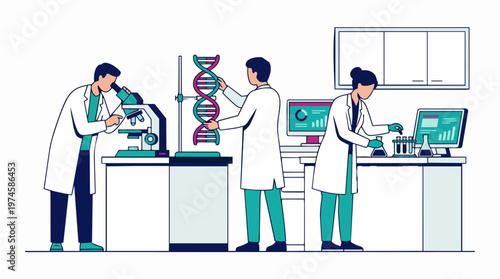 Minimalist flat vector illustration of a modern biotechnology laboratory