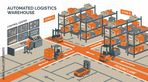 Flat vector illustration of a robotic automated logistics warehouse