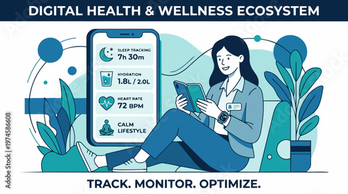 Digital health monitoring with smartwatch mobile wellness dashboard sleep hydration heart rate calm lifestyle, commercial vector, minimal text business vector illustration