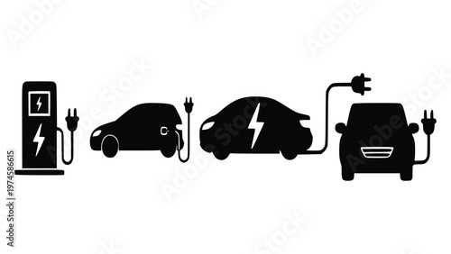 Electric vehicle charging illustration with cars and charging station