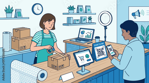 Cashless microbusiness and creator economy workspace with QR payments parcel packing social selling and tablet checkout, commercial vector, minimal text business vector illustration