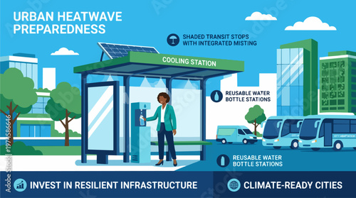 Climate resilience and urban heatwave preparedness, shaded transit stop reusable water bottle cooling devices city adaptation, commercial vector, minimal text business vector illustration