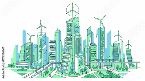 Minimalist flat vector illustration of a sustainable futuristic eco city