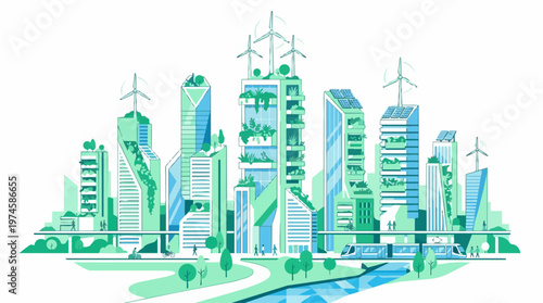 Minimalist flat vector illustration of a sustainable futuristic eco city
