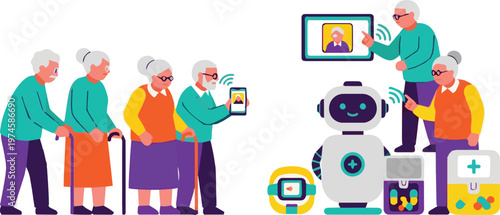 Elderly people interact with a robot and technology devices in a clinic
